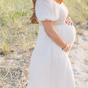 Pinkblush Maternity White Smocked Puff Sleeve Maternity Midi Dress